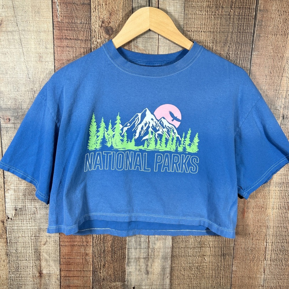 Full Tilt Blue National Parks Graphic Cropped Boxy Tee Shirt Mountain Small